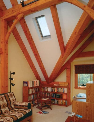 Timber frame office with cathedral ceilings