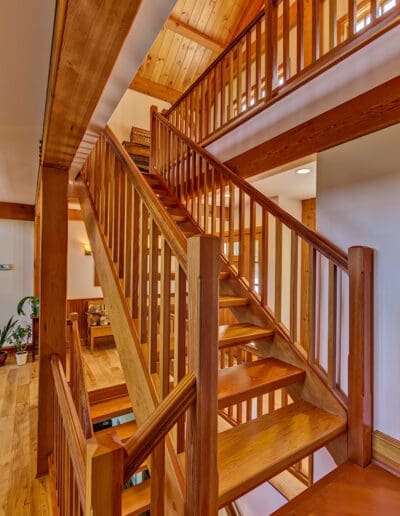 View up the staircase to the loft.