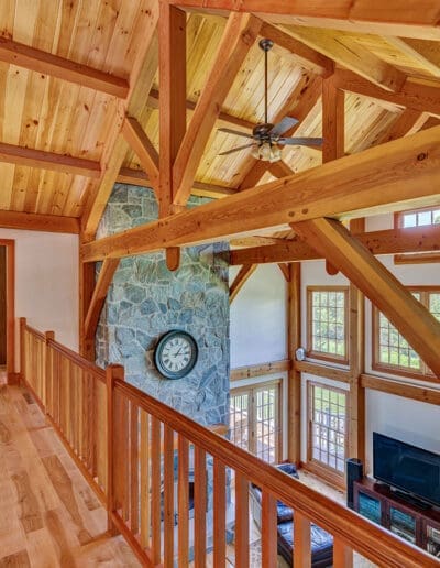 View from the loft and across the timber frame cathedral ceiling of the great room.